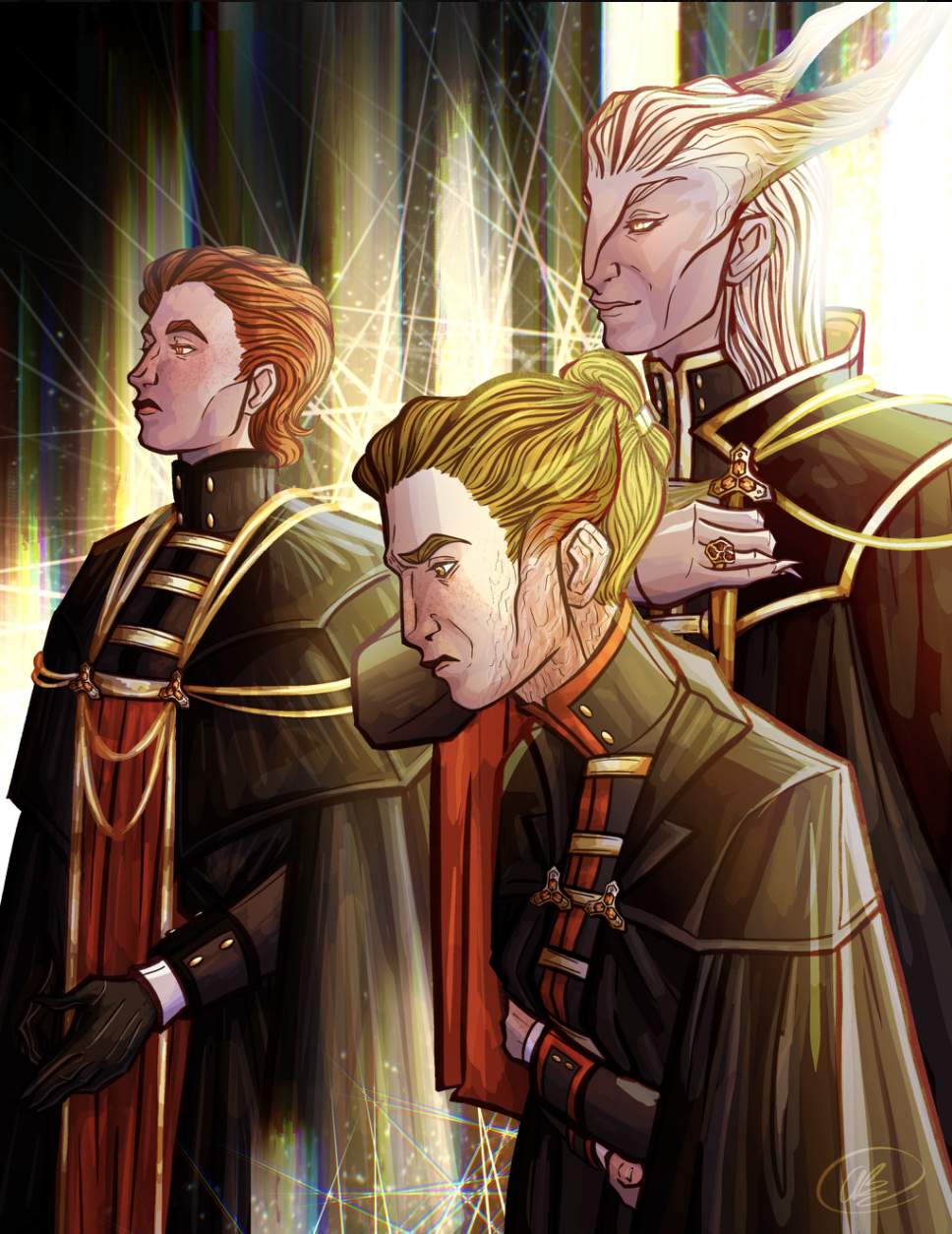 Full body portrait of three individuals with bright light behind them